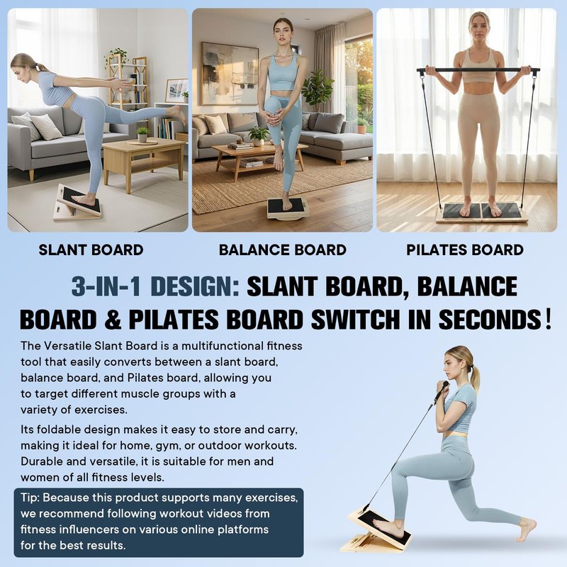 Versatile Wooden Slant Board, Convertible to Balance & Pilates Board, Adjustable Angles, Includes Full Pilates Kit, Supports Up to 360lbs, Calf Stretch, Squats, Knee, Ankle, Heel & Leg Training