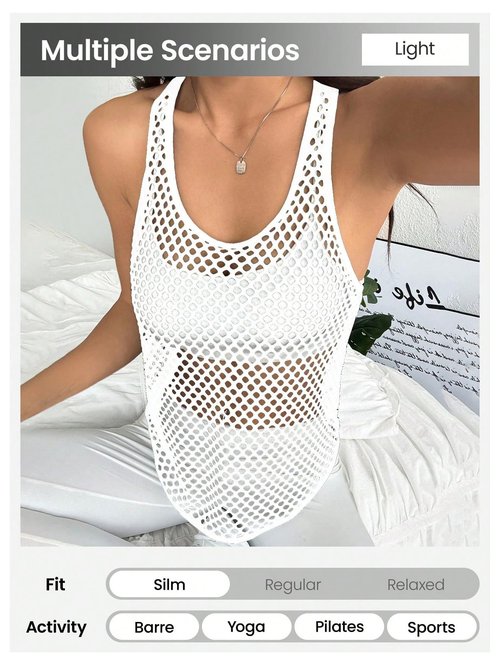 OYOANGLE Women's Mesh Racerback Workout Tank Top Hollow Out Scoop Neck Sleeveless Sports Shirts White Large