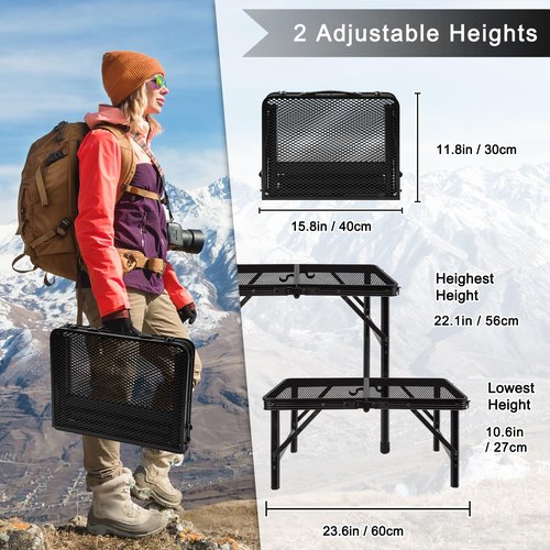 jkwokback Grill Table Camping Table Portable Folding Table,Height Adjustable Collapsible with Mesh Desktop,Lightweight Metal Table for Camp, BBQ, Picnic, RV, Outdoor Cooking, Travel