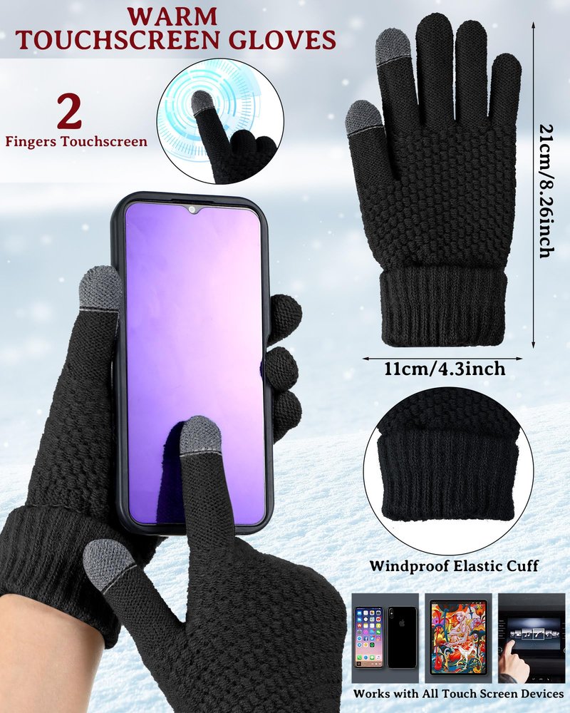 Newcotte 8 Pcs Women Hats Gloves Winter Set, Warm Cap Beanie Hat Knit with Visor Snow Ski Caps and Touch Screen Gloves (Black, Purple, Navy Blue, Dark Khaki)