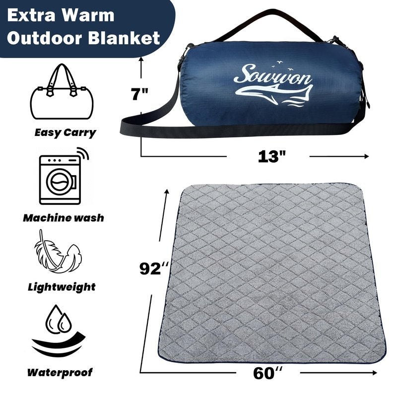 Waterproof Outdoor Blanket 92”X 60” Packable, Stadium Blankets for Camping with Sherpa Fleece Lining, Large Windproof Emergency Throw Mat for Garss Picnic Hiking Road Trip, Machine Washable, Navy
