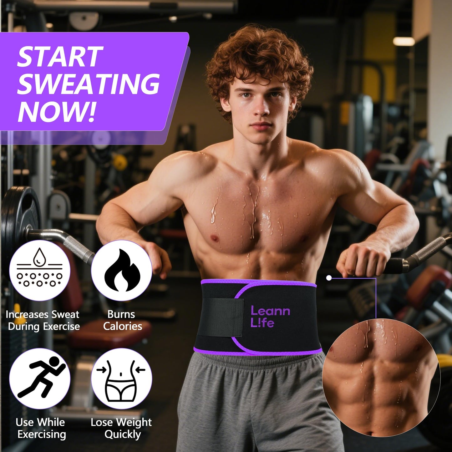 Leann L!fe 52” Waist Trimmer for Slim Belly, Premium Sweat Band Enhancing Fitness Belt for Weighted Hula Hoop Weight Loss, Waist Trainer Women and Men, Stomach Sweat Wrap, Black/Purple