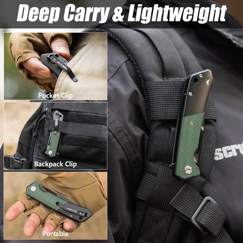 FLISSA Folding Pocket Knife, SANDVIK 14C28N Blade Knife with Micarta-Steel Handle, Pocket Clip and Thumb Hole for EDC Camping Hiking Outdoor
