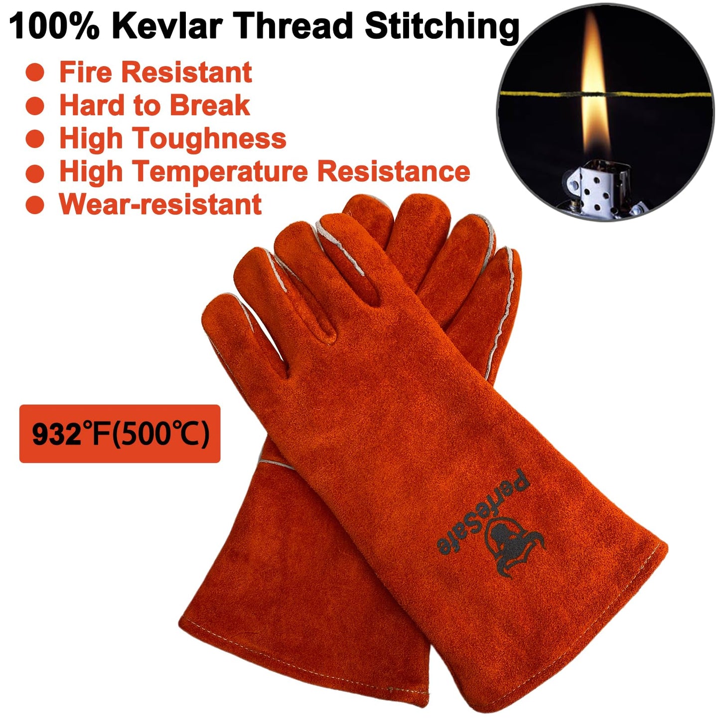 PerfeSafe Welding Gloves 14 Inches, 932℉ Heat Fire Resistant Leather Welding Gloves for Tig/Mig/Stick, Mitts for BBQ/Oven/Grill/Fireplace/Furnace/Stove/Animal Handling Gloves with Soft Lining (Red)