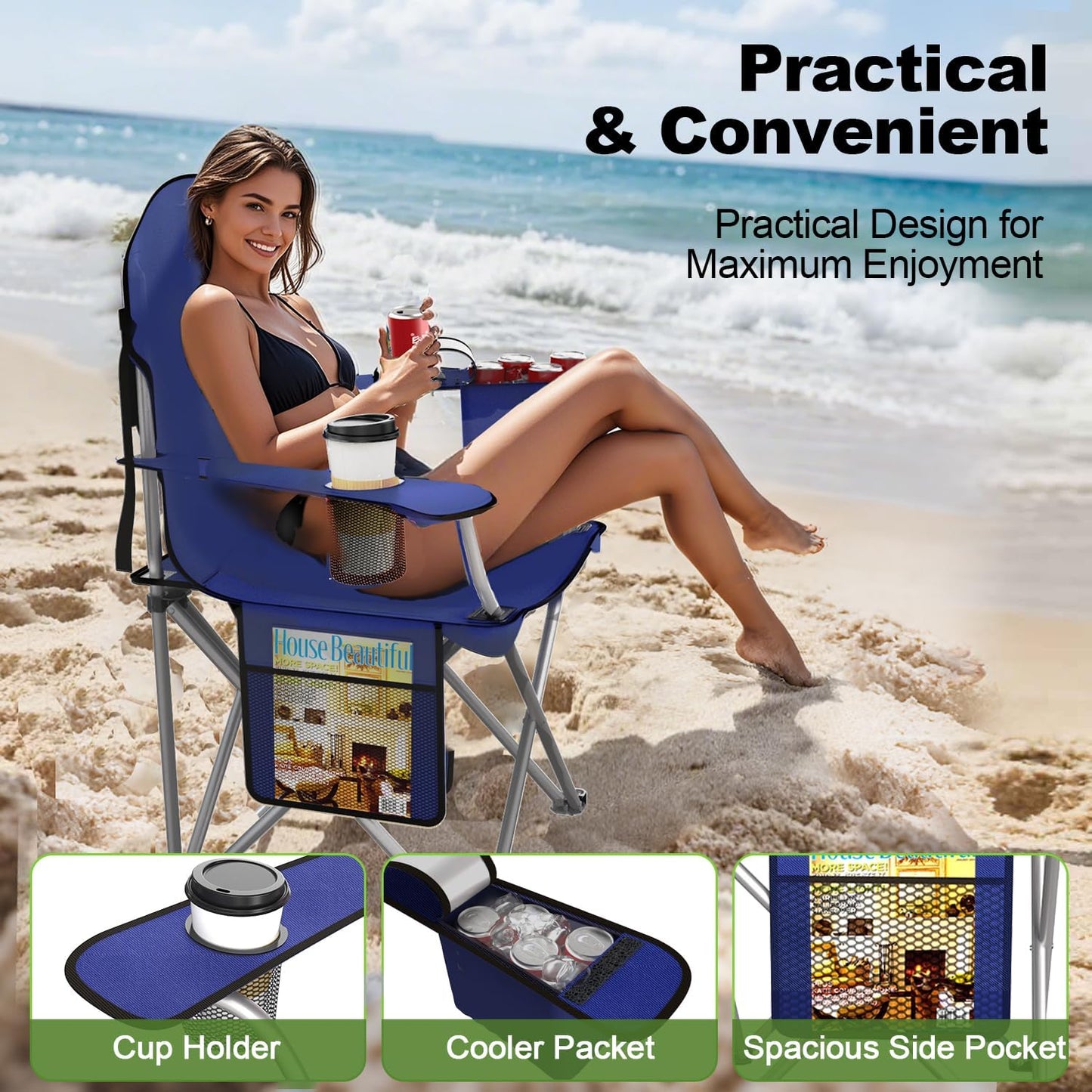 VTOY Folding Camping Chair - Durable 600D Oxford with Cooler Pouch, Cup Holder & Storage Pocket | Portable Outdoor Seating