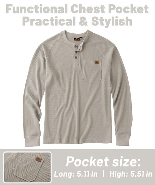 ZITY Long Sleeve Henley Shirts for Men Casual Waffle Thermal Fashion Pullover 3-Button T-Shirt with Pocket,Pumice Stone Gray XL