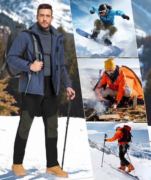 Zoofly Mens Winter Pants Waterproof Thermal Snow Pants Warm Fleece Lined Hiking Pants with Zip Pockets Black