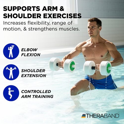 THERABAND Water Weights, Aquatic Dumbbells for Pool Fitness, 2 Foam Weights with Padded Grip for Water Aerobics, Therapy, Workouts, Pool Exercise Equipment, Aqua Training, Green, Medium, Intermediate
