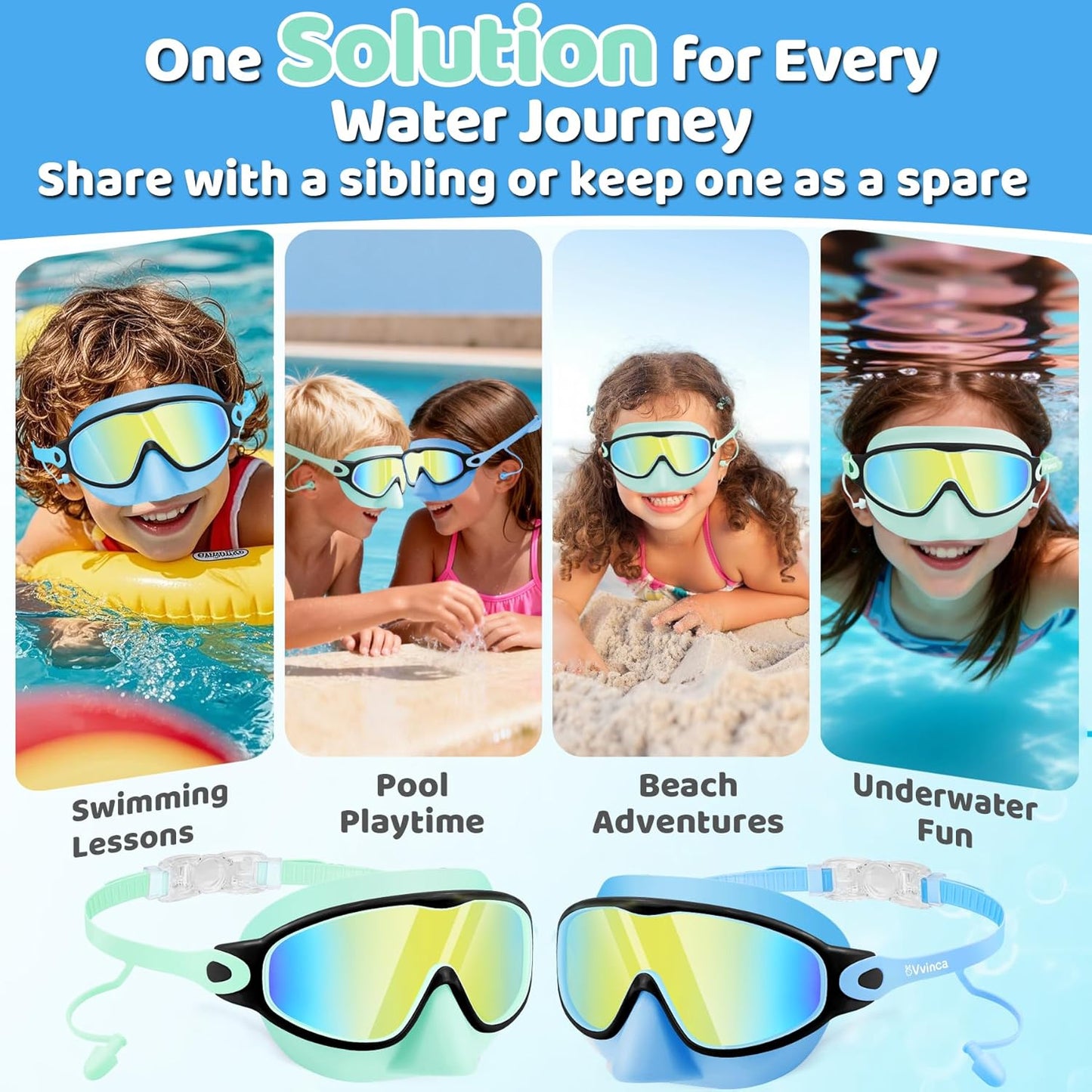 Vvinca Kids Swim Goggles - Anti-Fog Wide View with Nose Cover & Earplugs | Ages 3-12