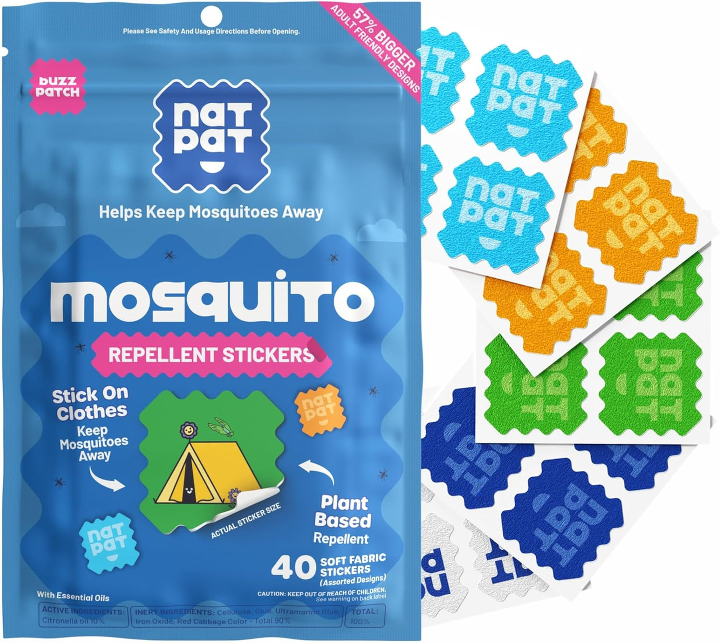 NATPAT BuzzPatch Mosquito Patches for Adults | Plant-Based, Non-Toxic Citronella Insect Relief (40 Pack)