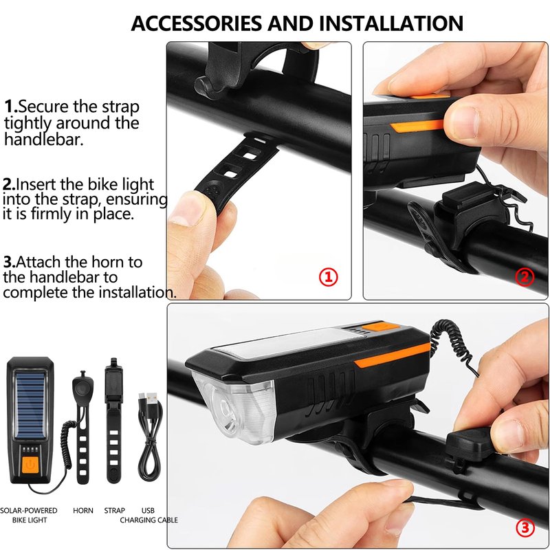 Bike Horn Headlight Solar/USB Dual Charging Bike Horn Light High Brightness Bike Headlight Waterproof Bike Horn Light Ideal for Mountain and Road Night Riding Essential Gear for Night Cycling (orange)