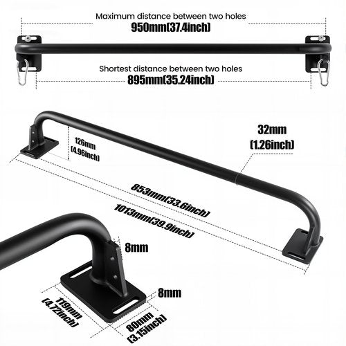 Heavy Duty Wall Mounted Pull Up Bar, 600 lbs Capacity Chin Up Bar with 8mm Thick Steel Plates & Carabiner, Multi-Grip Strength Training Bar for Home Gym, Garage