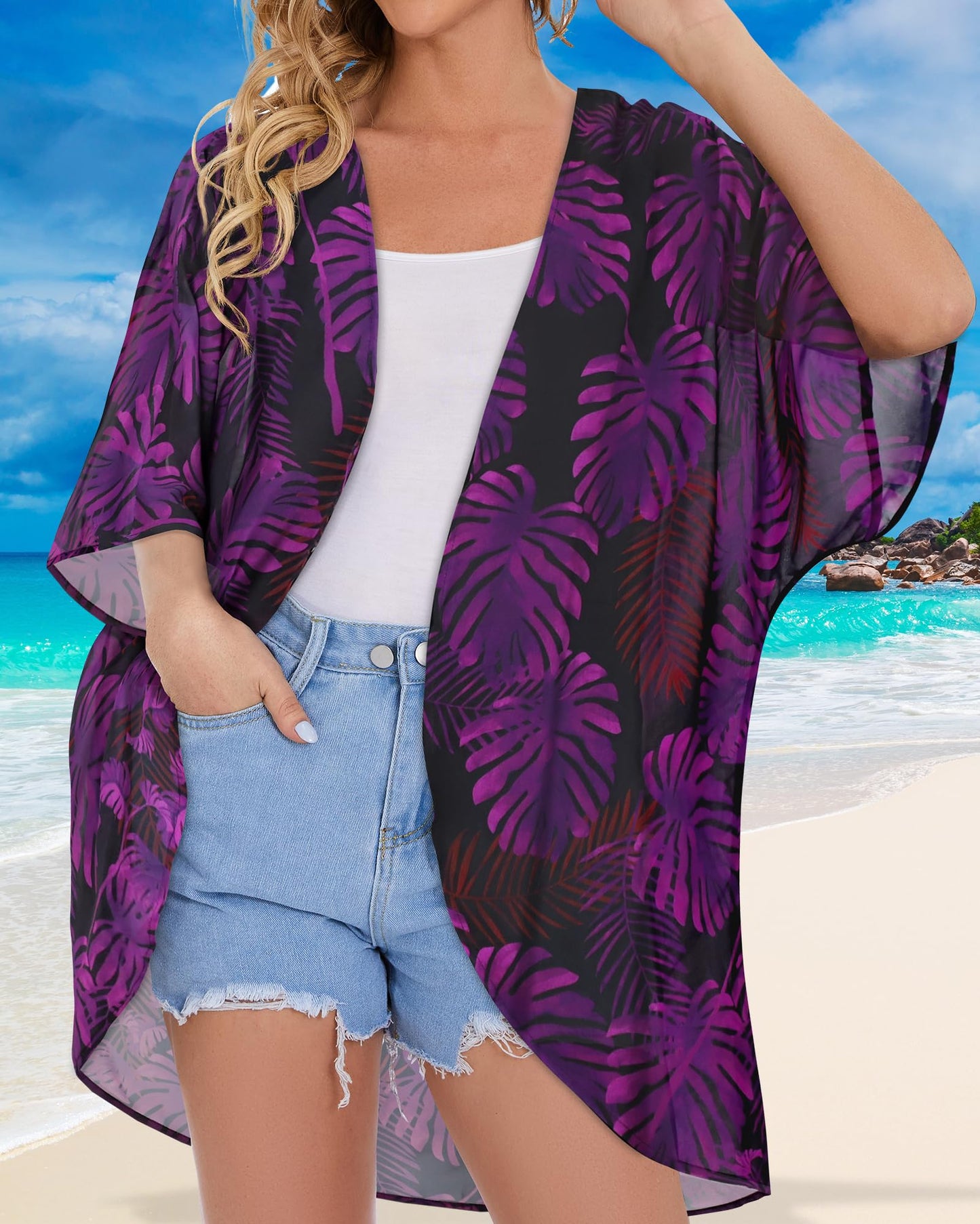 Women's Floral Kimono Print Puff Sleeve Loose Cardigan Cover Up Casual Blouse Tops (Black Purple Leaves, 3XL)