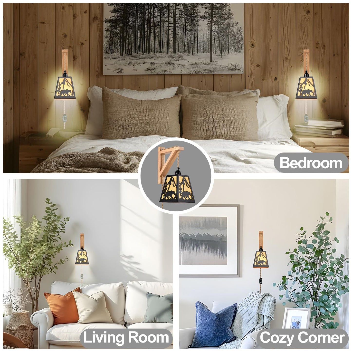 Sunnyin Wall Sconces Set of Two Plug in,Rustic Bear Dimmable Wall Sconce with Wood Shelf Bracket,Farmhouse Parchment Shade Sconces Wall Lighting,Antique Black Wall Lamps for Bedroom,Living Room,Indoor