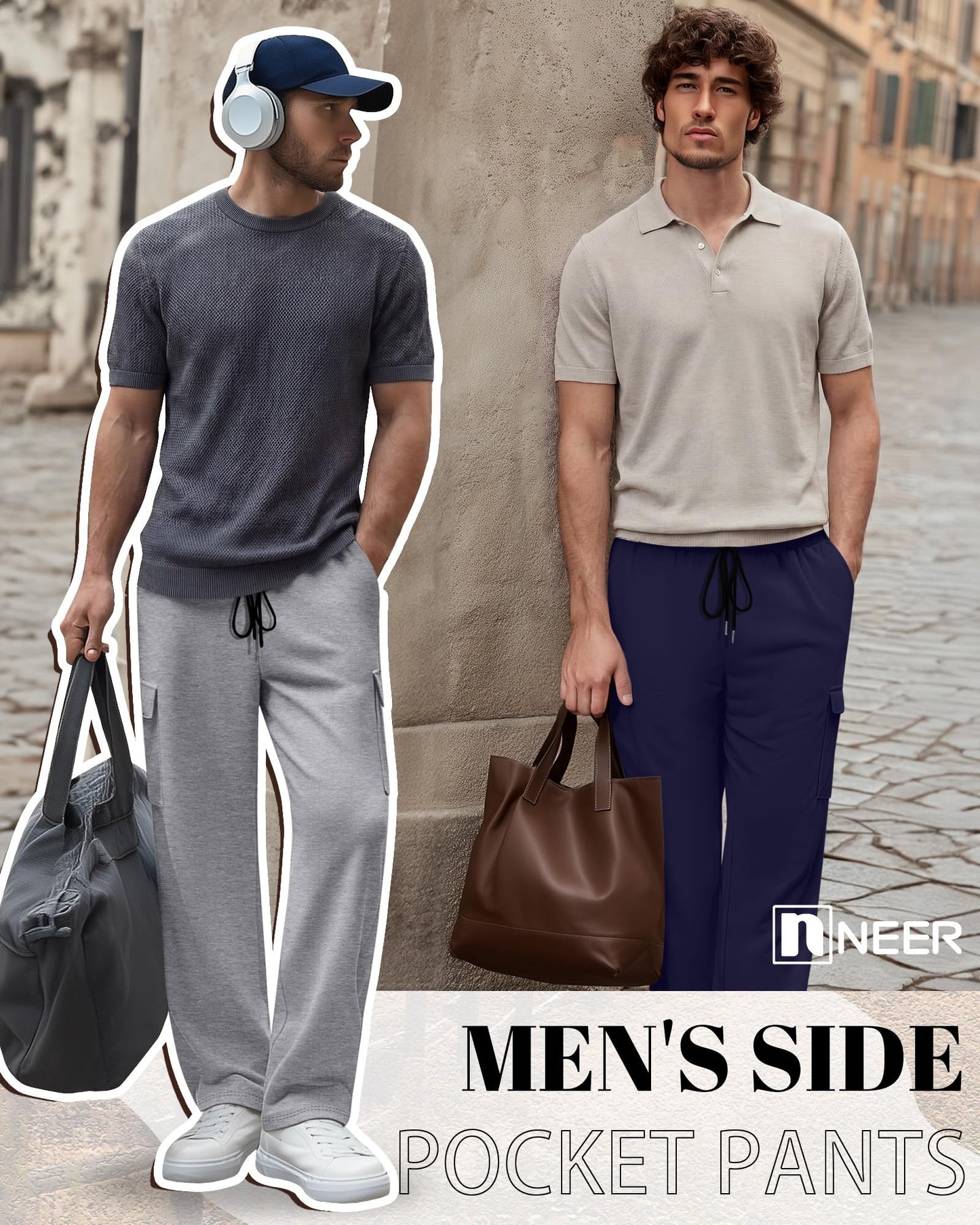Neer 3 Pack Men's Cargo Sweatpants Baggy Open Bottom Joggers Straight Wide Leg Drawstring Lightweight Pants with Pockets(Black, Navy Blue, Light Mixed Gray,X-Large)