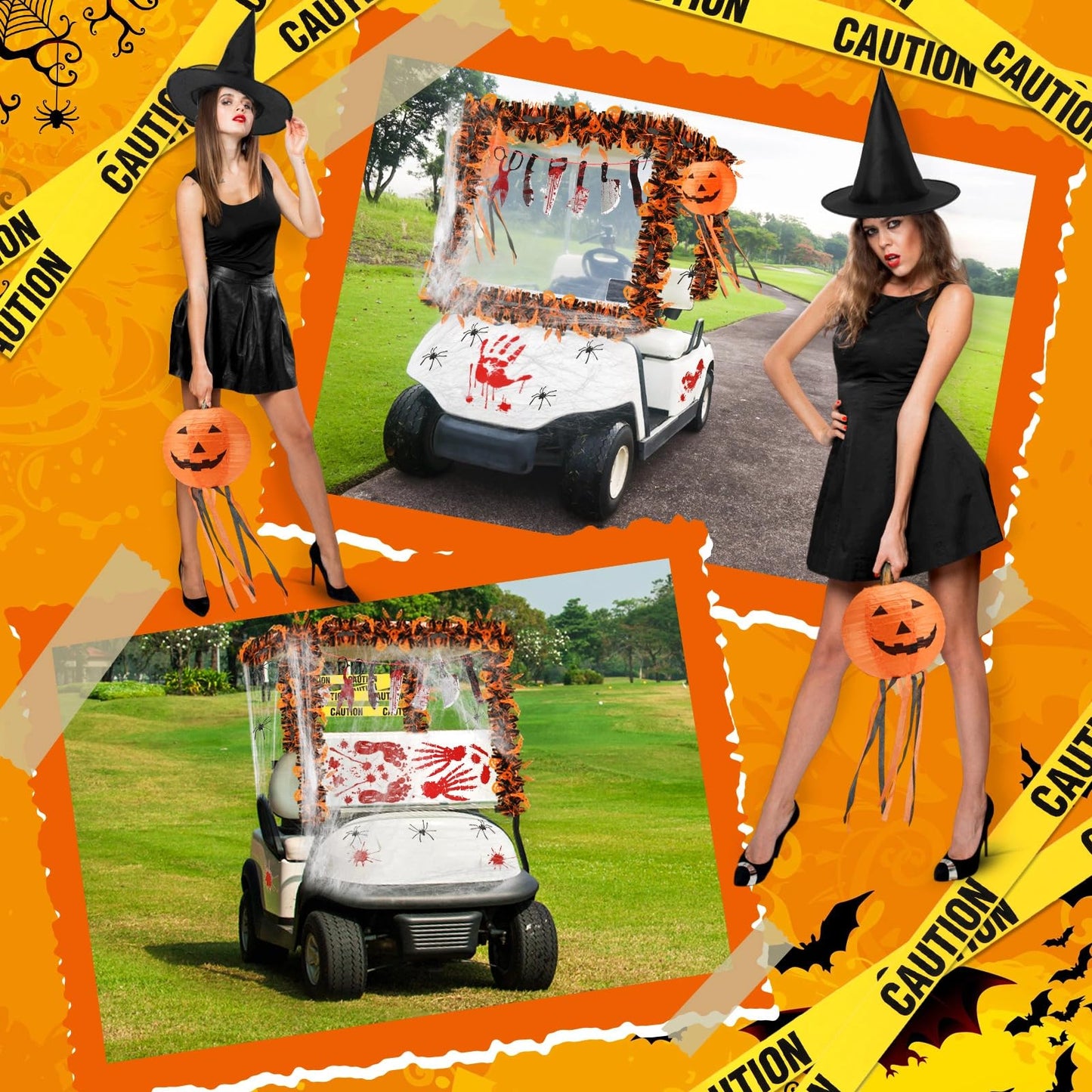 Suncalla Halloween Golf Cart Decorations Halloween Themed Car Decoration Kit Blood Knife Banner Pumpkin Lanterns Witch Hat Bloody Handprint Footprint Stickers for Golf Cart Party Supplies Decor