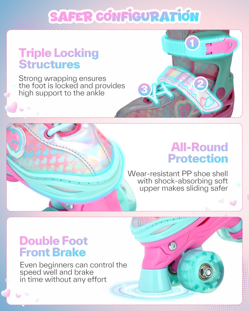 Sportneer Kids Roller Skates: 4 Size Adjustable Quad Skates with Light Up Wheels for 5-8 8-12 Girls Boys Toddlers Beginners, Birthday Gift Skates with Protective Gear Set for Outdoor Indoor