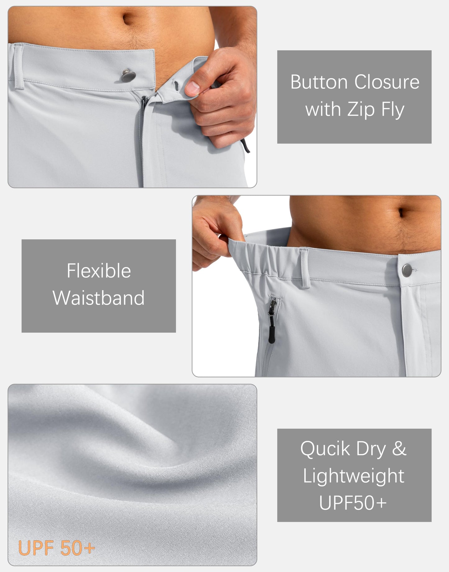 Pudolla Men's Hiking Cargo Shorts 9" Lightweight Outdoor Work Shorts for Men Travel Golf Camping Casual with 5 Zipper Pockets(Bright Grey Small)
