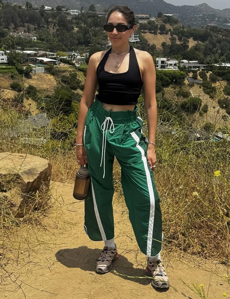 Wyeysyt Womens Wide Leg Pants Baggy Sweatpants Casual Drawstring Elastic Waist Contrast Color Y2K Track Pants(Green-M)