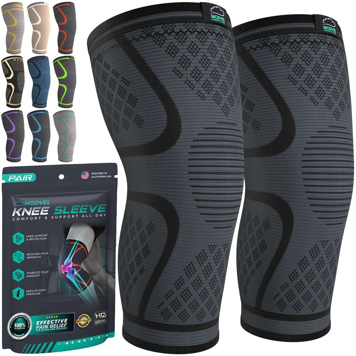Modvel Compression Knee Brace - 2-Pack Support Sleeves for Running & Pain Relief | Ideal for ACL & Arthritis