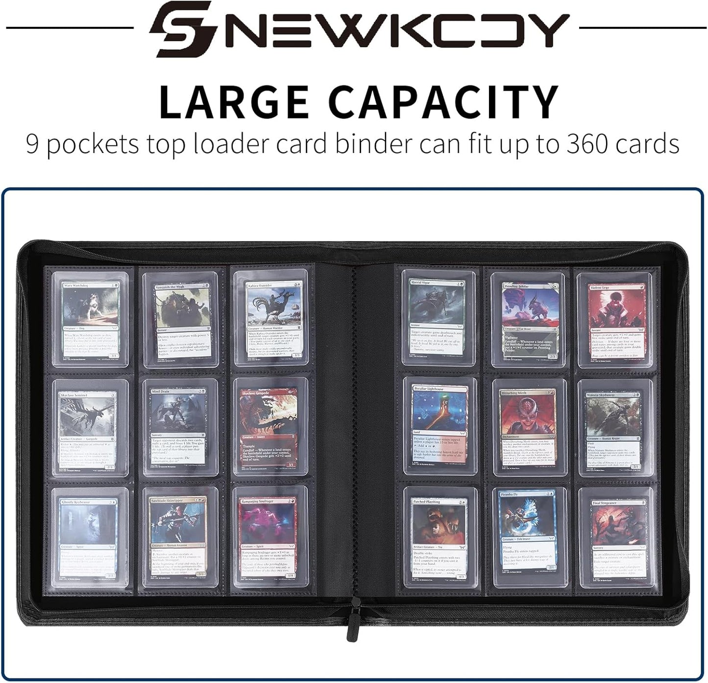 Snekdy Top Loader Binder - 9 Pocket Card Holder with Sleeves for 360 Cards | Smooth Black PU Leather