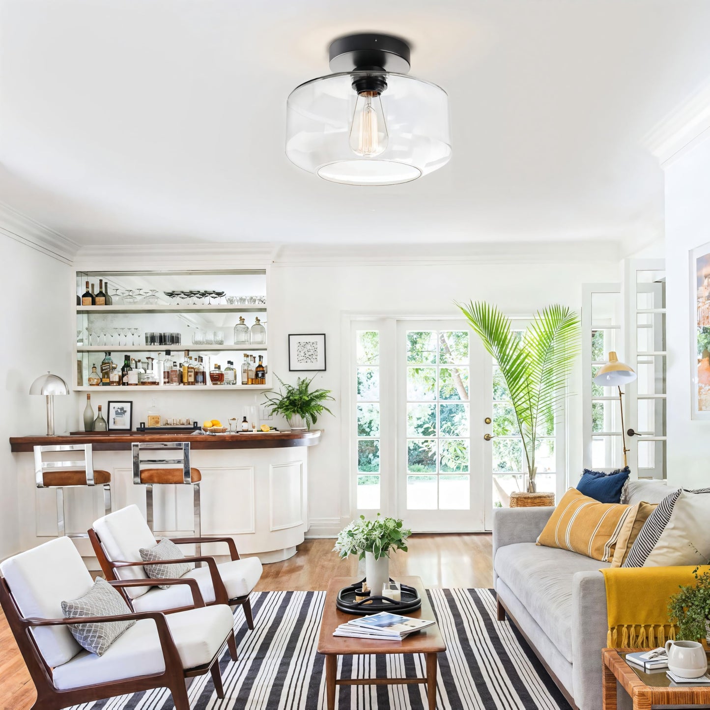 MAXvolador Industrial Semi Flush Mount Ceiling Light Extra Large, Clear Glass Pendant Lamp Shade, Vintage Hanging Light Fixtures, Lighting for Hallway