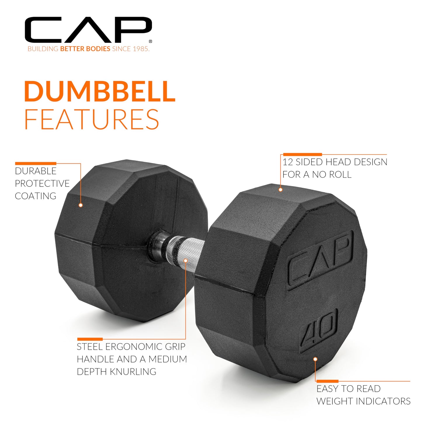 CAP 40 LB 12-Sided Rubber Coated Dumbbell Weight, Rubber Free Weights for Home Gym Strength Training, Chrome Handle, Single