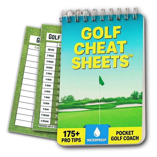 Golf Cheat Sheets with Yardage Cards - Waterproof Pocket Guide with 175+ Tips for Every Shot - Golf Training Aid Reference Cards - Club Distance Chart for R-Handed Beginners and Mid-Handicap Golfers.