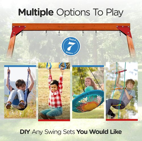 Dolphin Playground Wooden Swing Set for Kids - Heavy Duty Outdoor Play with Trapeze Bar & 2 Belt Swings
