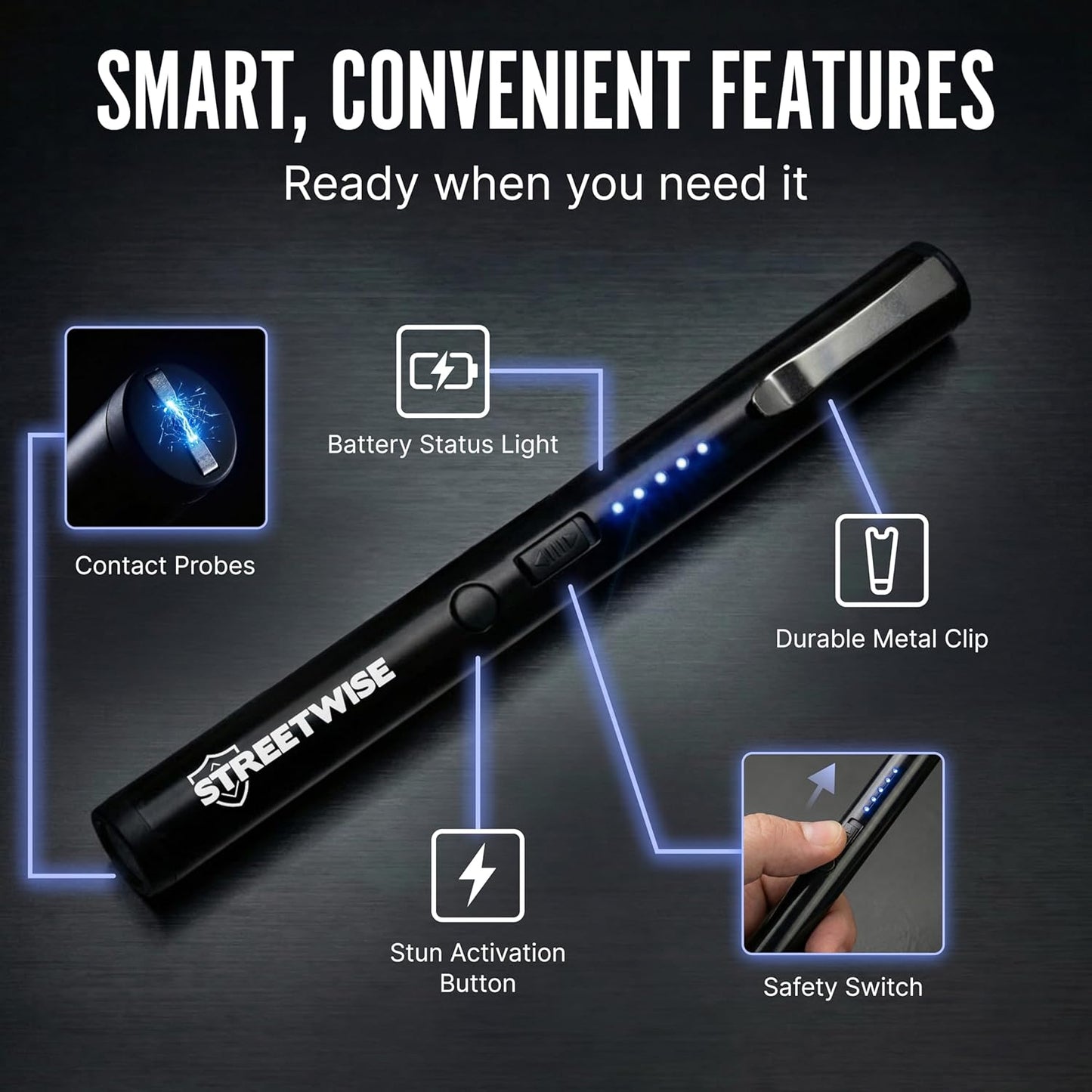 Streetwise Pain Pen Stun Gun - 25,000,000 Volts Tactical Self-Defense Tool | USB Rechargeable, Compact Design