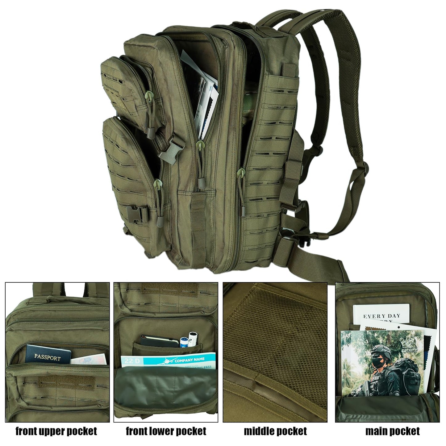 PAIWPHLI Small Tactical Backpack Assault Pack Bug Out Bag 40L Military Backpack with Molle for Hiking Hunting Rucksack Trekking (Green)
