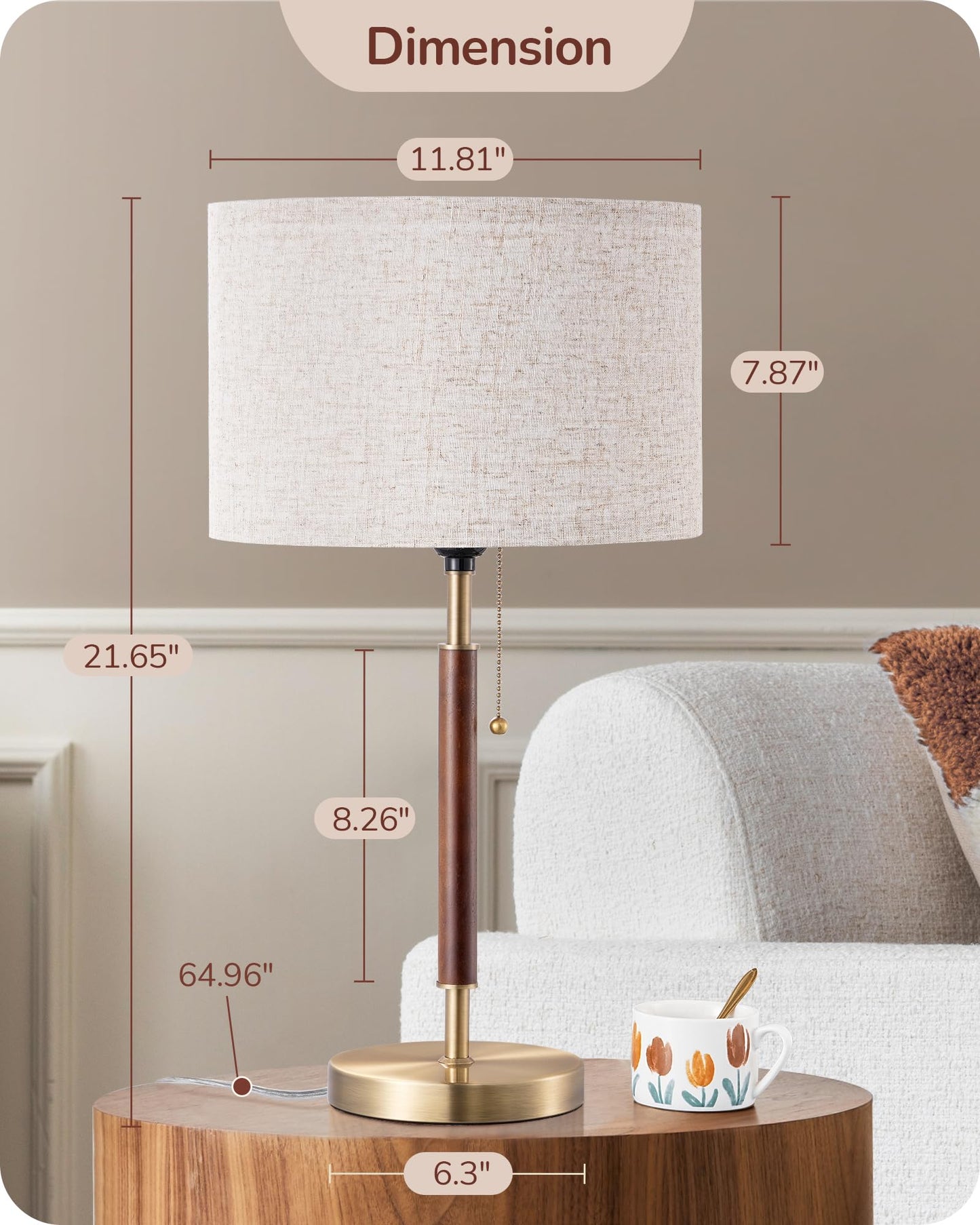 EDISHINE Mid Century Table Lamp Set of 2, Pull Chain Switch Bedside Lamp, Linen Shade, Solid Wood Pole & Bronze Brushed Metal Base, Modern Nightstand Lamp for Bedroom, Living Room, Office, E26 Base