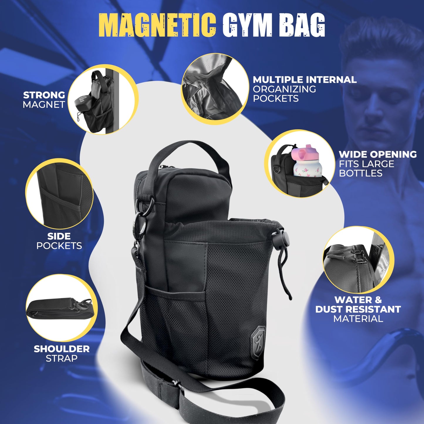 Magnetic Gym Bag with Double-Sided Handles, Heavy-Duty Bottle Holder with Key Hook, Reflective Badge, Elastic Mesh Closure, Waterproof, Strong Magnet, Box & X Stitching, Fits Most Bottles