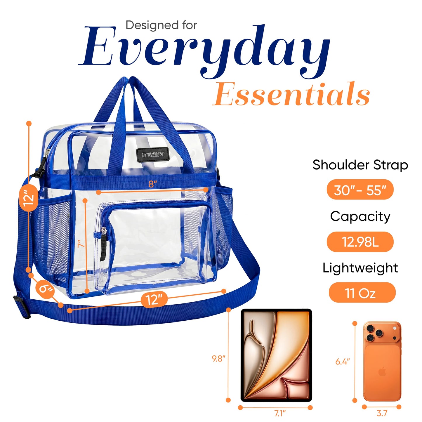 Masirs Clear Tote Bag Stadium Approved 12 x 12 x 6 - Zippered Top, Mesh Pockets & Shoulder Straps, Clear Bag for Work, Sports, Concerts - Meets Stadium Guidelines (Blue)