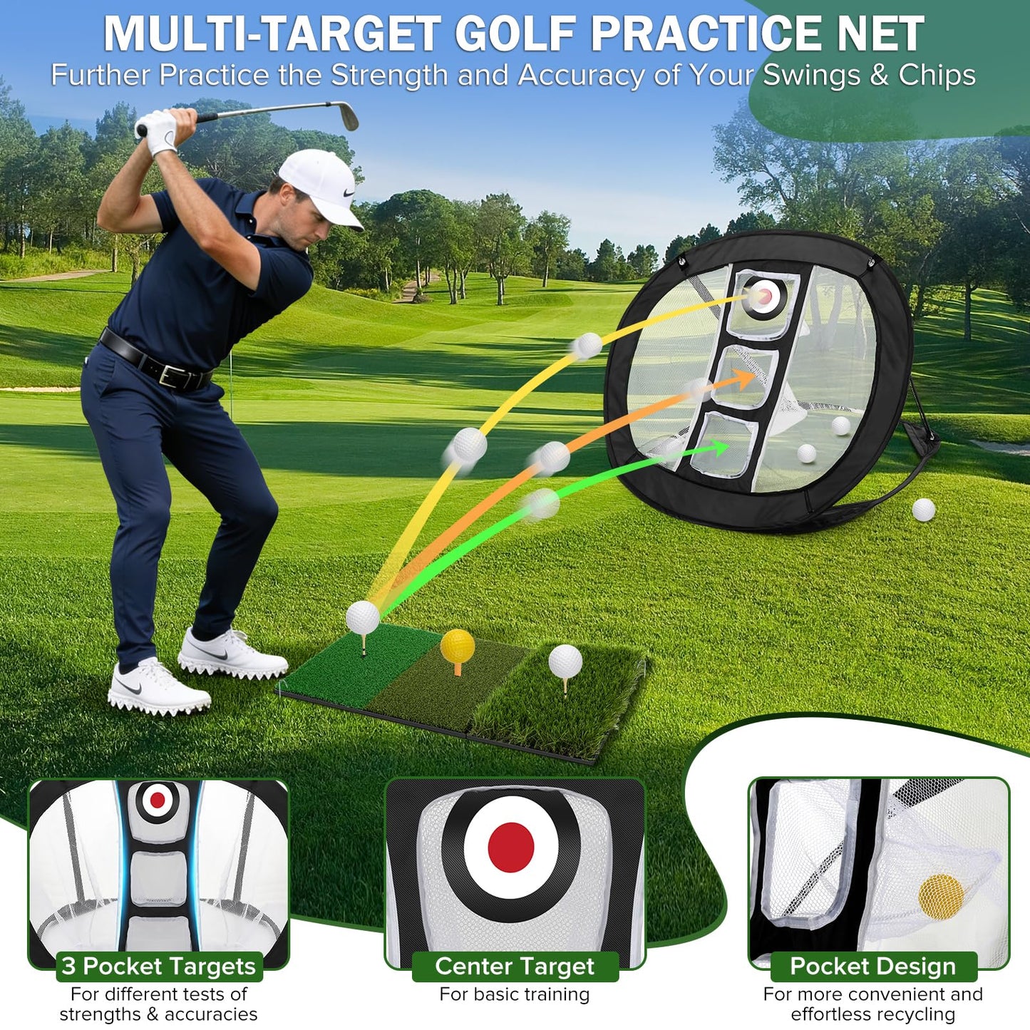 Narremcoy Golf Chipping Net with Tri-Turf Hitting Mat Set - Foldable Practice Target, 12 Foam Balls & 6 Tees in Carry Bag - Indoor Outdoor Backyard Golf Precision Training Gift & Aid for Beginners