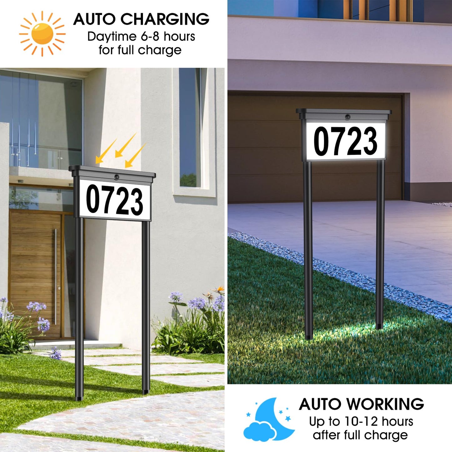 Solar Address Sign, House Numbers for Outside Double Side, 12 Modes Lighted Address Plaque Outdoor Waterproof, Illuminated LED Address Numbers for Yard Home Mailbox, 1 Pack