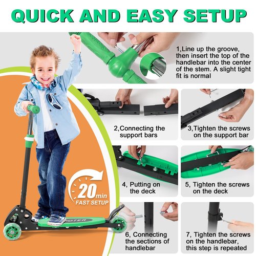 Kids Kick Scooter: Light-Up 3 Wheel Scooters for Kids 6-12,3 Adjustable Height Handlebar, Lean-to-Steer,Widen Anti-Slip Deck, Folding Heavy Duty Scooter for Boys Girls Ages 6-8,up to 170 Lbs