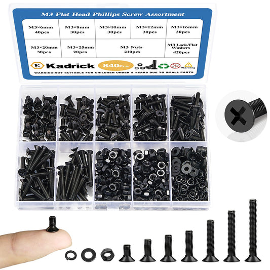 KADRICK 840Pcs M3 Countersunk Screws,M3 Flat Head Screws,Phillips Bolts Nuts Washers Assortment Kit,Zinc Plated,Lenth of 6MM-25MM