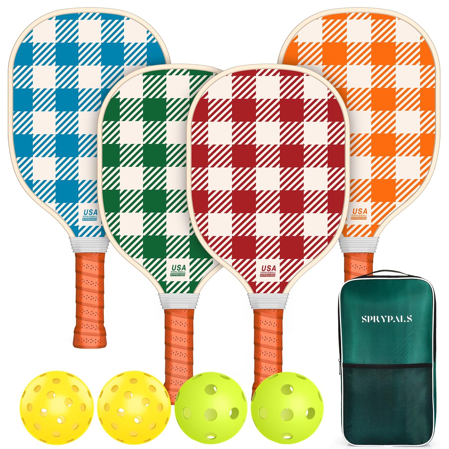 Sprypals Pink Pickleball Paddles, USAPA Approved Pickleball Set of 4 with 4 Pickleball Balls & 1 Carry Bag Premium Wooden Cute Pickle Ball Paddles Rackets Ergonomic Cushion Grip Gifts for Women Youth