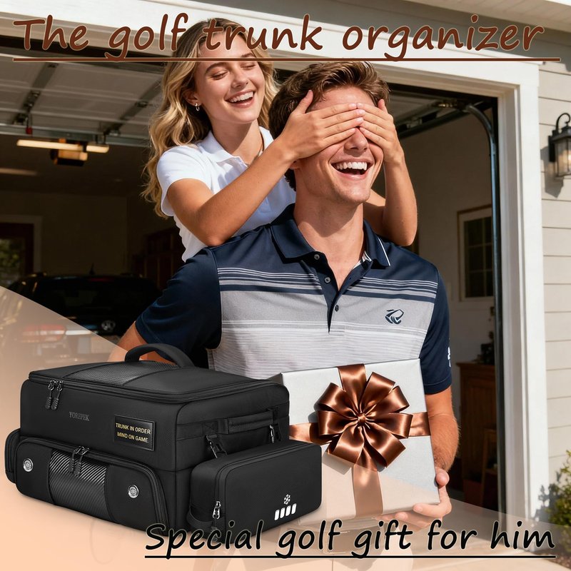 YOREPEK Upgraded Golf Trunk Organizer, Golf Gifts for Men, with Removable Insulated Pouch&Dust-Proof Protective Layer, Multi-Compartment fits 2 Pairs of Shoes, Golf Accessories