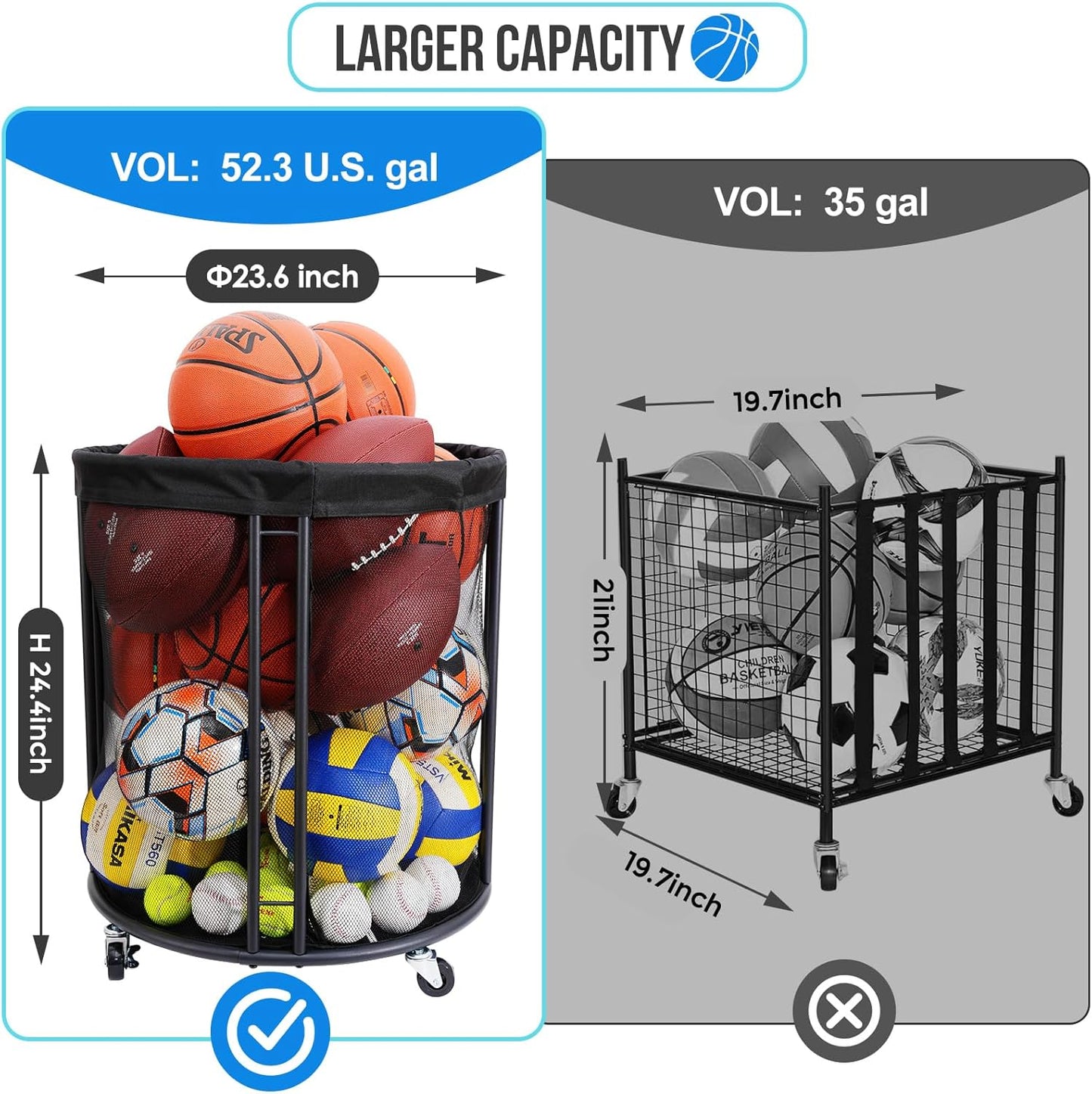 Skiennix Ball Storage Bin - Versatile Holder for Soccer & Basketball | Rolling Rack for Indoor/Outdoor Use