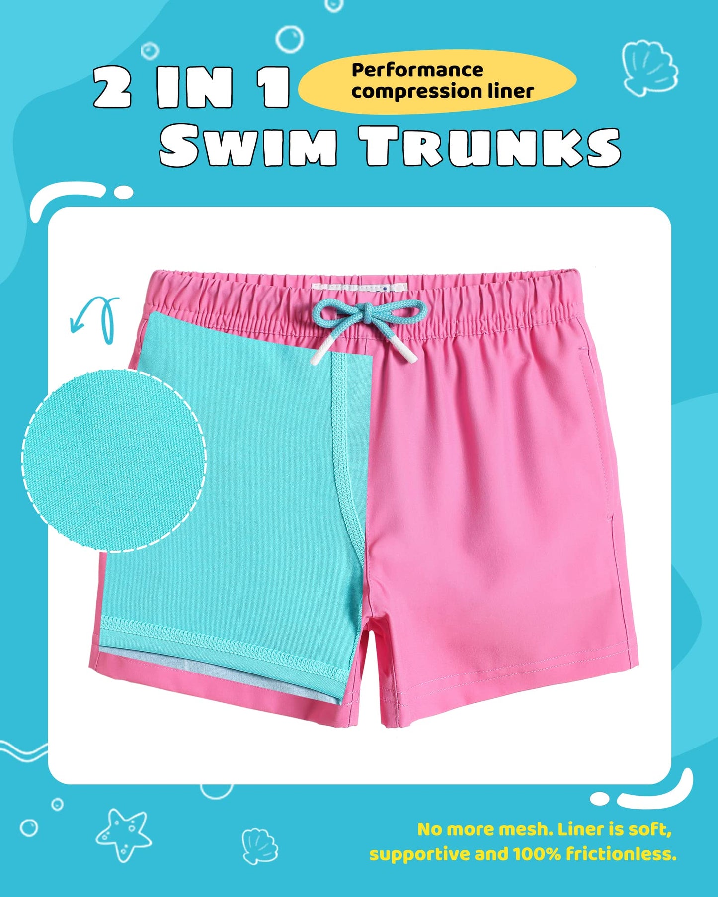 maamgic Boys Swim Trunks with Compression Liner Toddler Stretch Swim Shorts Quick Dry Swimming Trunks Boxer Brief 2 in 1 Beach Shorts Pink Lake Blue 8
