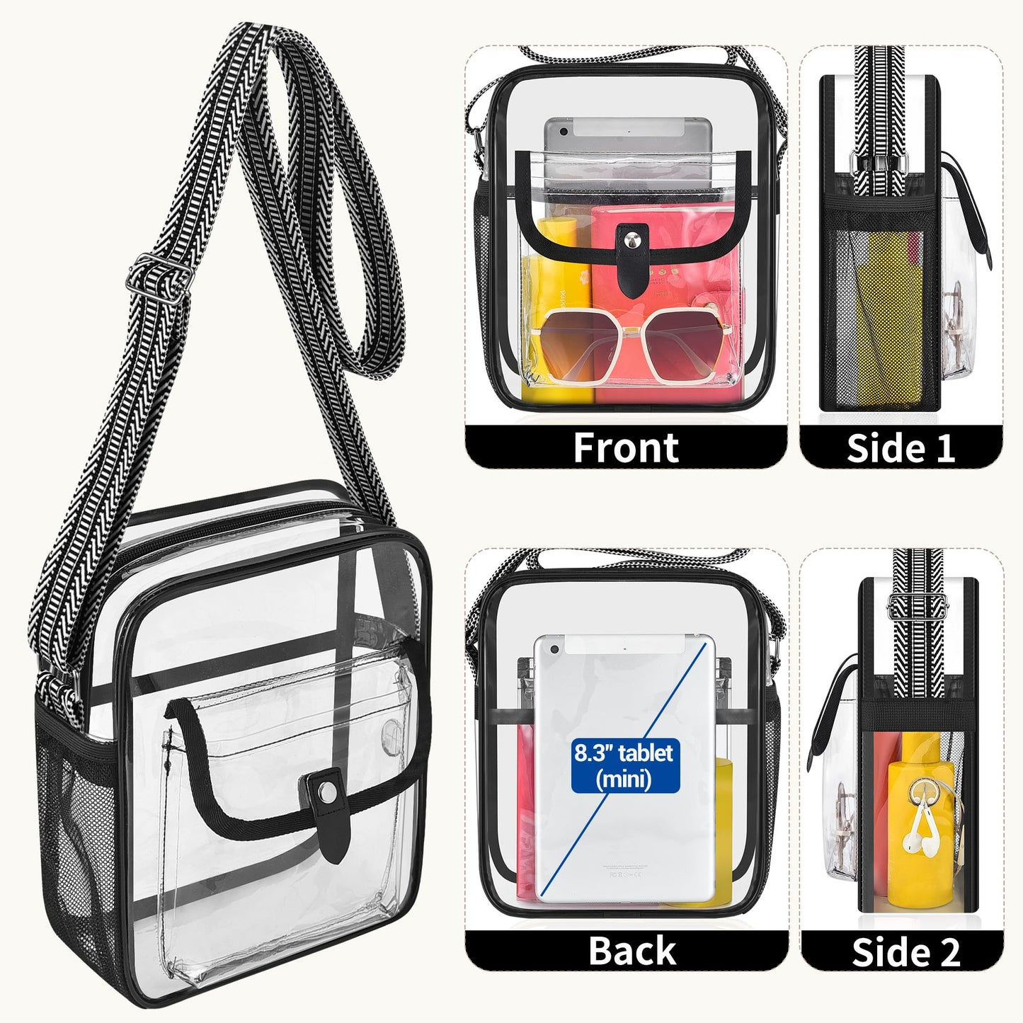 SPODEARS Black Clear Crossbody Bag with Guitar Strap for Stadium, Concert, Festival & More - Adjustable Shoulder Strap & Bottle Holder, Medium