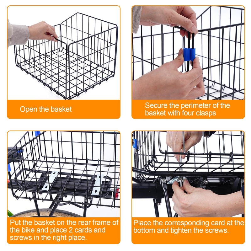 HOMEE Folding Detchable Rear Bike Basket, Bicycle Cargo Rack Storage Basket, Waterproof Metal Bike Basket for Most Rear Mounted Bike Rack