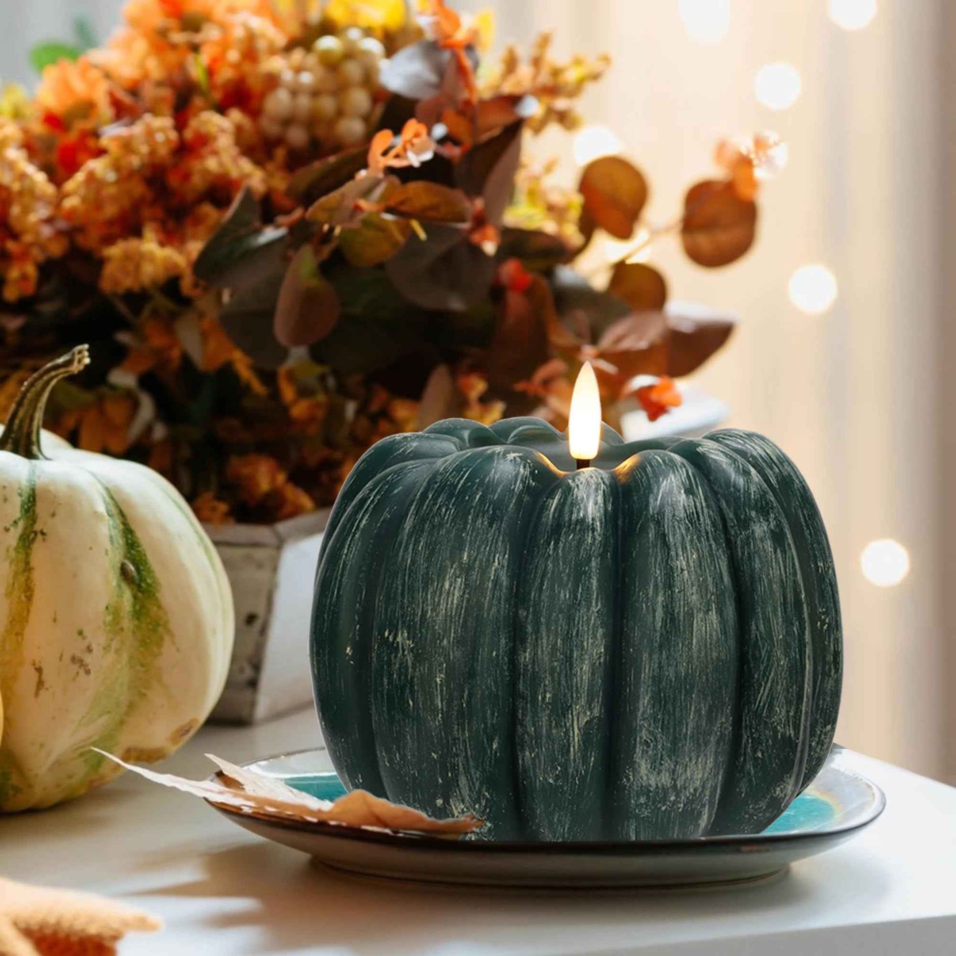 AFINETH Fall Pumpkin Flameless Candles Flickering LED Candles Battery Operated for Home,Halloween,Thanksgiving, Green