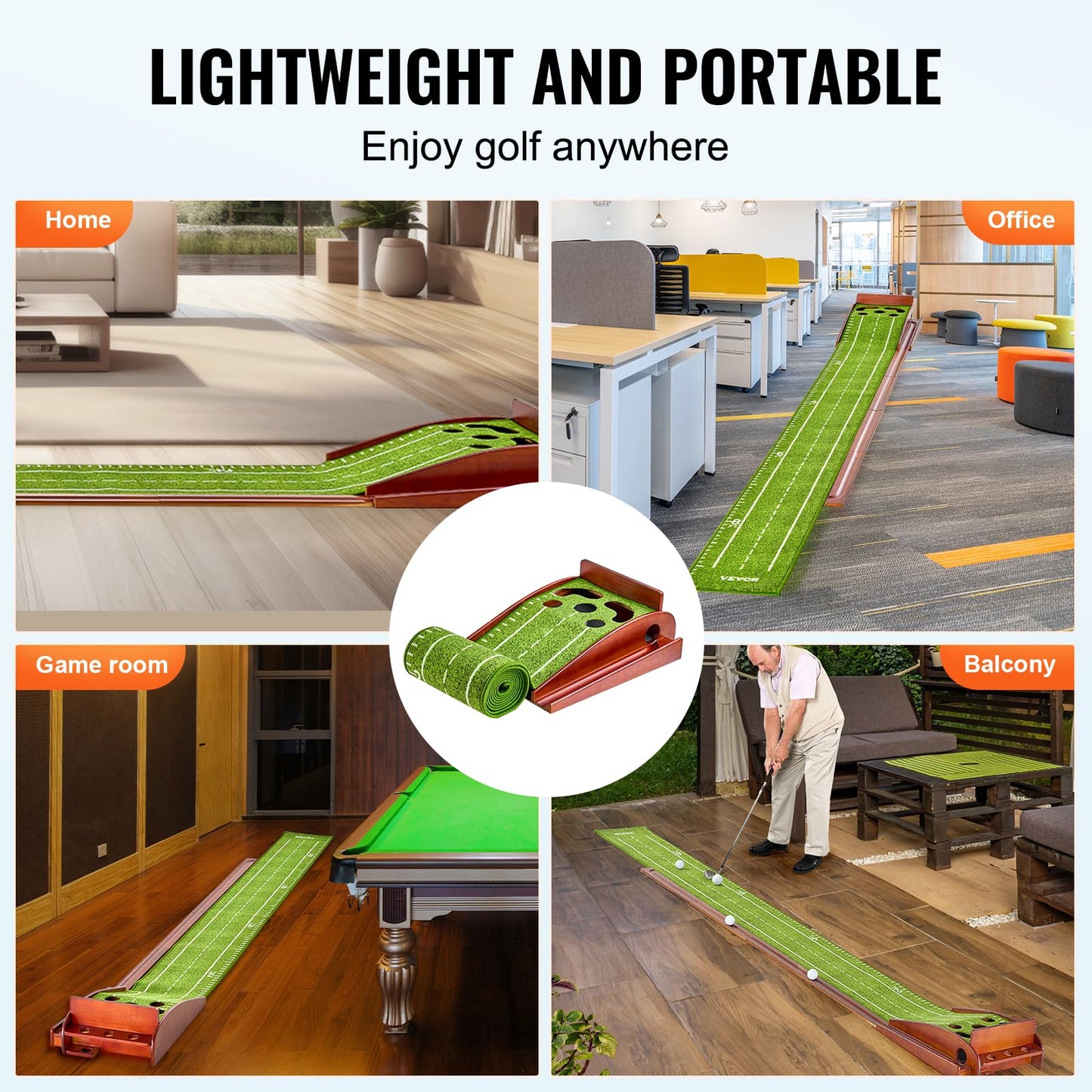VEVOR Golf Putting Mat, 2 Hole Indoor Putting Green, Wrinkle-Free Golf Training Aid, Mini Golf Set with Auto-Ball Return, Alignment Guide, 3 Ball, Wood Base, Game Practice Gift for Home Office