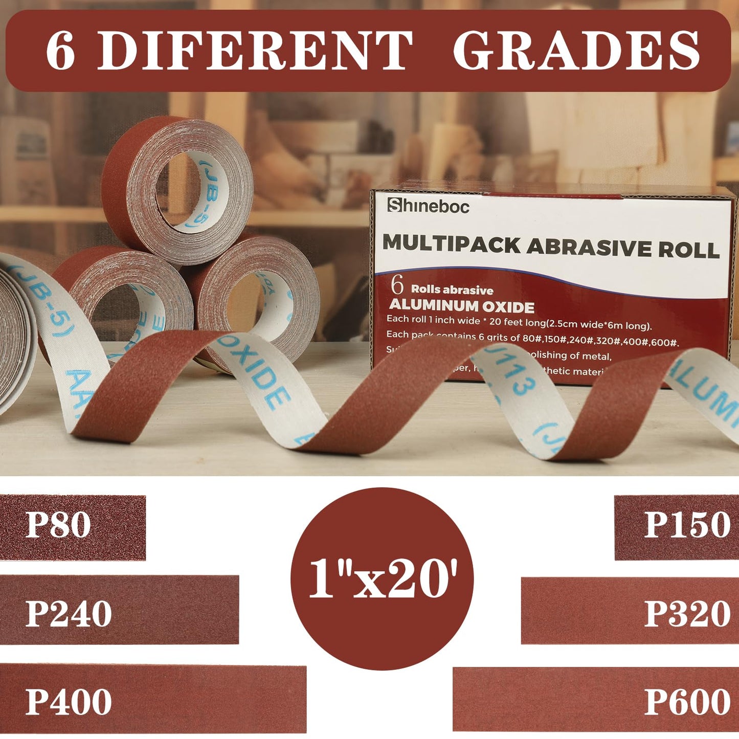 Shineboc Emery Cloth Roll, 1" x 20 Feet Continuous Sandpaper Roll, 80/150/240/320/400/600 Grit Sand Paper Assortment Pack for Wood Metal Sanding and Polishing