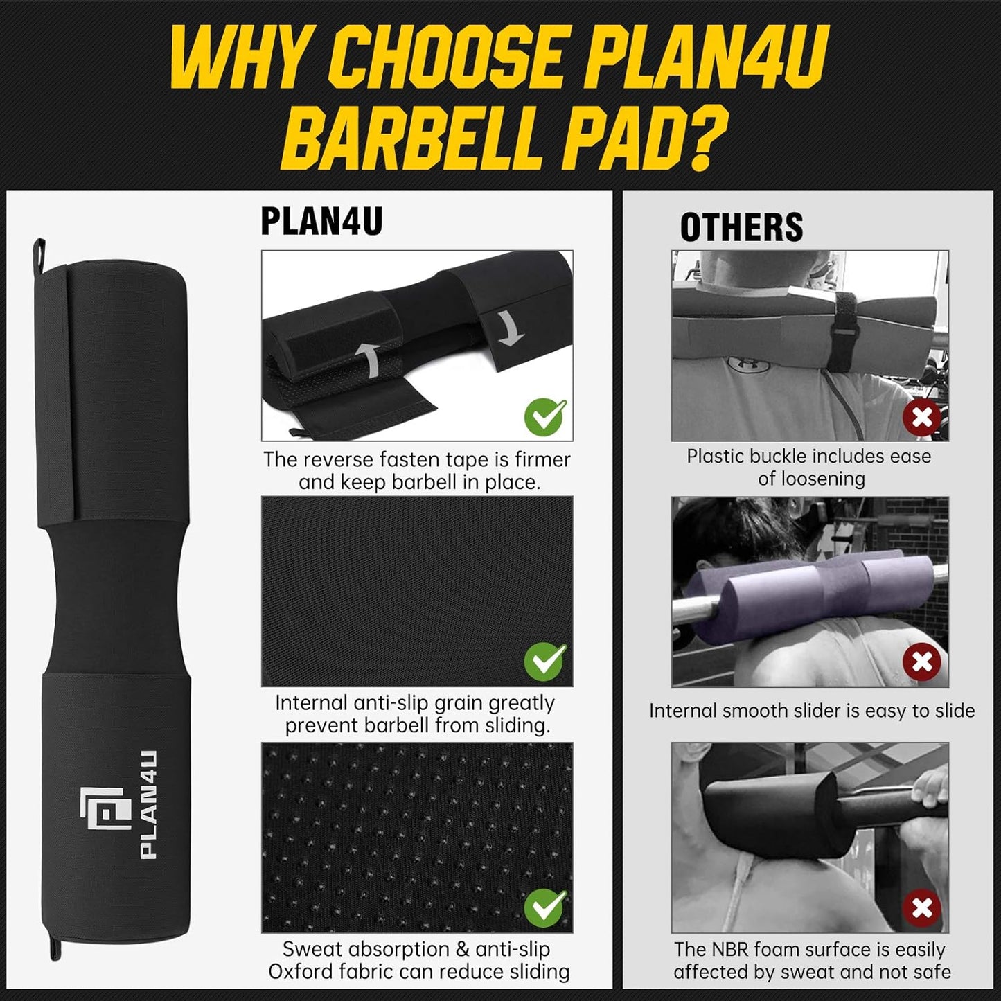 Plan4U Barbell Pad Set - Upgraded Foam Cushion for Squats & Hip Thrusts | Fits Standard & Olympic Bars