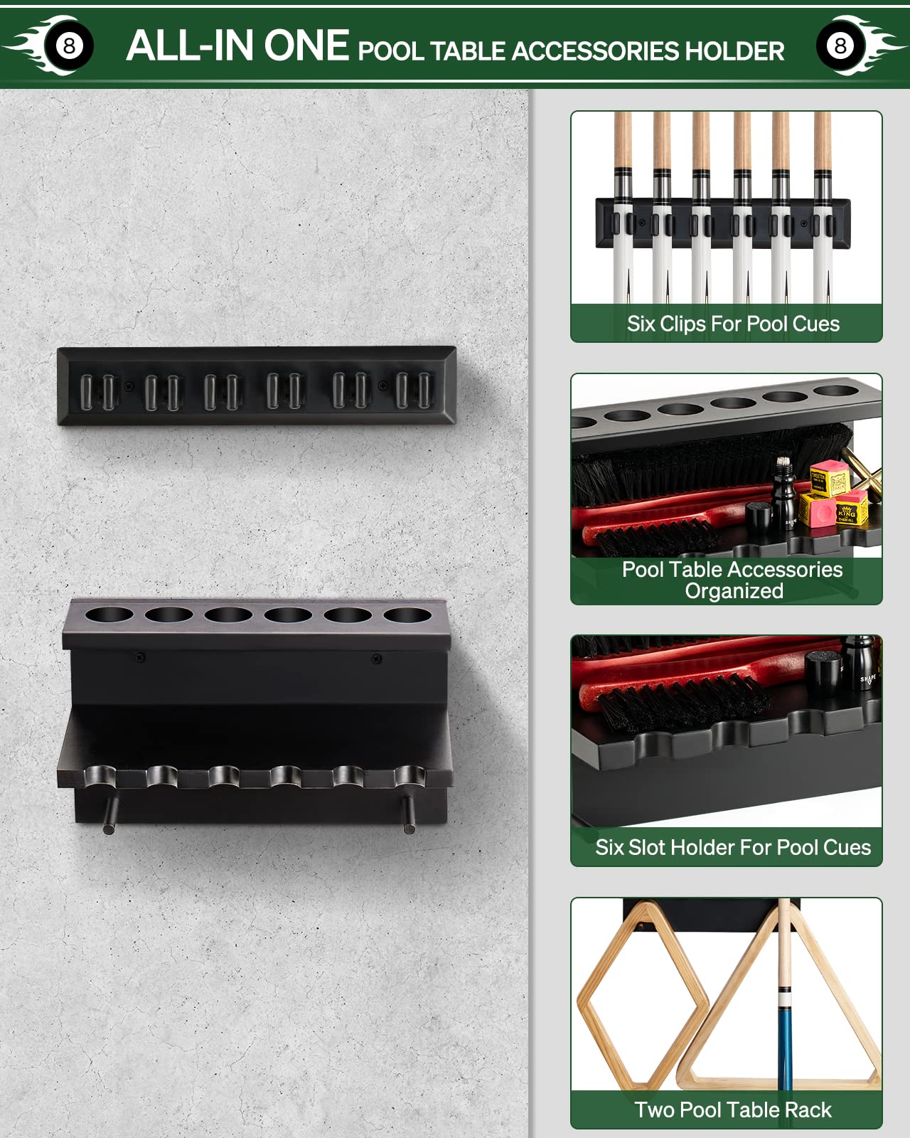 EXTCCT Wall Mount Pool Stick Holder - Billiards Pool Cue Rack Hardwood Pool Cue Set Holder for 6 Cues Sticks Storage Pool Table Accessories Equipment Organizer