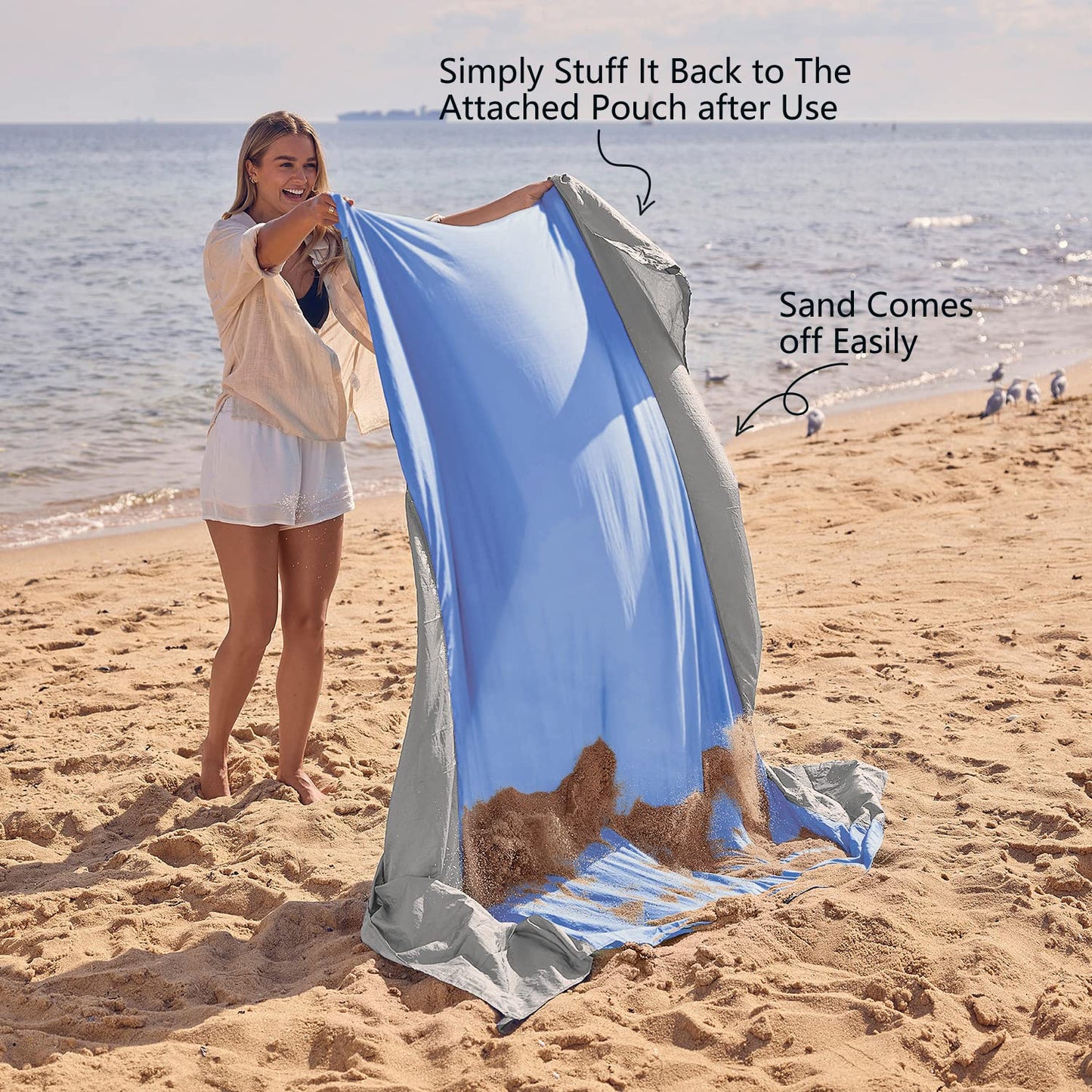 WEKAPO Beach Blanket Sandproof, Extra Large Beach Mat, Big & Compact Sand Free Mat Quick Drying, Lightweight & Durable with 6 Stakes & 4 Corner Pockets (Periwinkle Blue, 7x7 FT (1～3 Person))